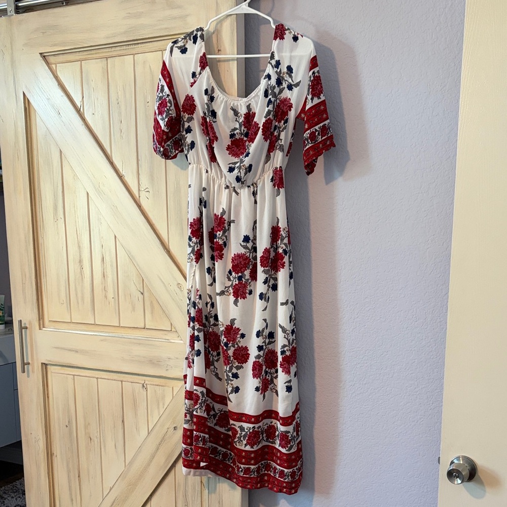 Floral White and Red Maxi Dress